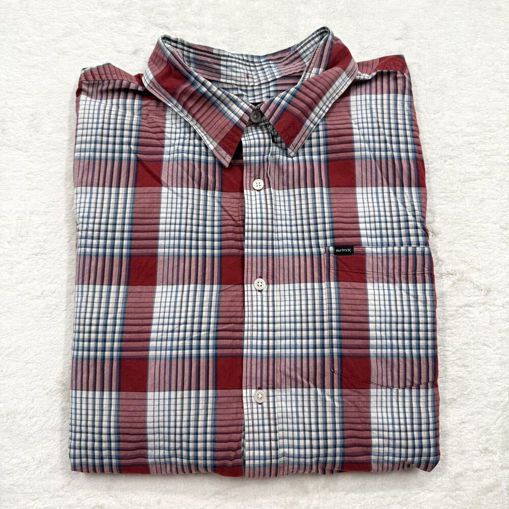 Hurley Button Up Shirt Men’s XXL Red White Plaid Casual Long Sleeve Cotton